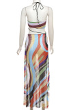 Colour Street Color Block Bandage Hollowed Out Patchwork High Opening Spaghetti Strap Long Dresses