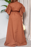 Brown Elegant Solid Bandage Patchwork Buckle O Neck Long Dresses