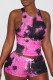 Black Pink Casual Tie Dye Patchwork Draw String O Neck Sleeveless Two Pieces