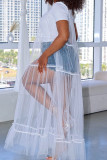 White Elegant Solid Patchwork See-through Mesh O Neck Long Dresses