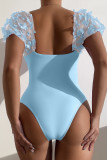Lake Blue Sportswear Solid Patchwork Backless Butterfly Swimwears(With Paddings)