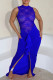 Blue Street Solid Lace Patchwork See-through Slit O Neck Long Dresses