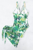 Green Sportswear Print Bandage Hollowed Out Patchwork Swimwears(With Paddings)