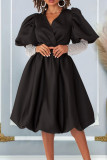 Black Elegant Solid Patchwork V Neck A Line Dresses