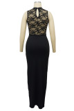 Black Street Solid Lace Patchwork See-through Slit O Neck Long Dresses