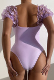 violet Sportswear Solid Patchwork Backless Butterfly Swimwears(With Paddings)