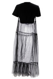 Black Elegant Solid Patchwork See-through Mesh O Neck Long Dresses