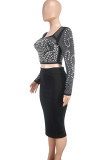Black Elegant Patchwork Slit Beading Hot Drill Zipper Square Collar Long Sleeve Two Pieces