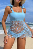 Lake Blue Sportswear Solid Bandage Patchwork See-through Mesh Butterfly Swimwears(With Paddings)