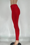Rose Red Street Solid Patchwork Zipper Skinny Mid Waist Pencil Solid Color Bottoms