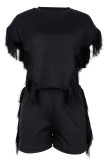 Black Street Solid Tassel Hollowed Out Patchwork O Neck Plus Size Two Pieces