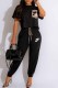 Black Casual Print Patchwork Letter O Neck Short Sleeve Two Pieces