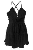 Black Sweet Solid Patchwork Backless Spaghetti Strap Sling Plus Size Dresses