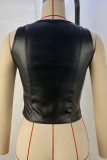 Black Sexy Solid Patchwork Cross Straps Asymmetrical Collar Tops