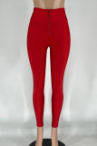 Rose Red Street Solid Patchwork Zipper Skinny Mid Waist Pencil Solid Color Bottoms