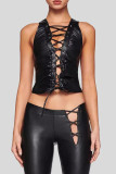 Black Sexy Solid Patchwork Cross Straps Asymmetrical Collar Tops
