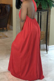 Red Sweet Solid Patchwork Halter Long Plus Size Dresses