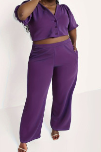 Purple Casual Solid Patchwork Pocket Buckle V Neck Plus Size Two Pieces