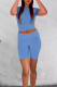 Blue Casual Solid Patchwork O Neck Short Sleeve Two Pieces