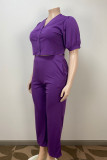 Purple Casual Solid Patchwork Pocket Buckle V Neck Plus Size Two Pieces