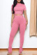 Pink Casual Solid Bandage Patchwork Draw String Fold O Neck Short Sleeve Two Pieces