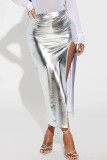 Silver Elegant Solid Patchwork High Opening Slit Irregular Plus Size