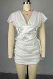 White Sweet Solid Patchwork Fold V Neck A Line Dresses