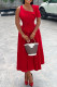 Red Sweet Solid Hollowed Out Patchwork Asymmetrical Collar A Line Dresses