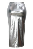 Silver Elegant Solid Patchwork High Opening Slit Irregular Plus Size