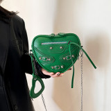 Green Casual Solid Heart Shaped Rivets Zipper Bags