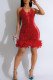 Red Sexy Solid Sequins Patchwork See-through Feathers Mesh Halter Wrapped Skirt Dresses