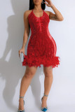 Orange Sexy Solid Sequins Patchwork See-through Feathers Mesh Halter Wrapped Skirt Dresses