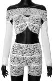 Black Street Solid Lace Patchwork See-through Off the Shoulder Long Sleeve Two Pieces