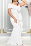 White Celebrities Solid Patchwork With Bow Oblique Collar Long Dresses