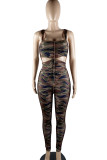 Deep Coffee Street Camouflage Print Hollowed Out Patchwork Boat Neck Sleeveless Two Pieces