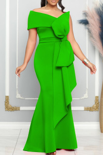 Green Celebrities Solid Patchwork With Bow Oblique Collar Long Dresses