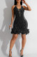Black Sexy Solid Sequins Patchwork See-through Feathers Mesh Halter Wrapped Skirt Dresses