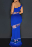 Blue Sexy Solid Patchwork See-through Hot Drill Oblique Collar Long Dresses