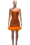 Orange Sexy Solid Sequins Patchwork See-through Feathers Mesh Halter Wrapped Skirt Dresses