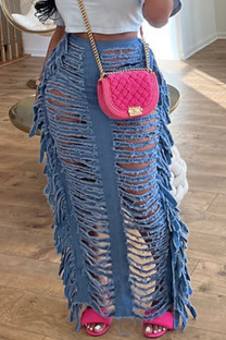 Blue Sexy Solid Tassel Ripped Patchwork Straight High Waist Straight Solid Color Bottoms