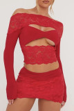 Red Street Solid Lace Hollowed Out Patchwork Off the Shoulder Long Sleeve Two Pieces