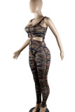 Blue Street Camouflage Print Hollowed Out Patchwork Boat Neck Sleeveless Two Pieces