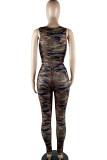 Deep Coffee Street Camouflage Print Hollowed Out Patchwork Boat Neck Sleeveless Two Pieces