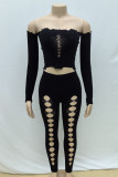 Black Sexy Hollowed Out Patchwork Off the Shoulder Long Sleeve Two Pieces