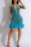 Black Sexy Solid Sequins Patchwork See-through Feathers Mesh Halter Wrapped Skirt Dresses