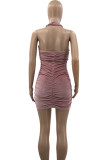 Pink Sexy Solid Patchwork Fold Halter Wrapped Skirt Dresses
