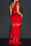 Rose Red Sexy Solid Patchwork See-through Hot Drill Oblique Collar Long Dresses