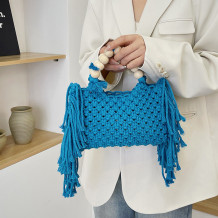 Blue Daily Striped Patchwork Solid Tassel Patchwork Zipper Weave Bags