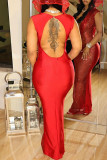 Red Sexy Solid Patchwork See-through Backless V Neck Long Dresses