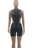 Black Sexy Solid Hollowed Out Patchwork Zipper Zipper Collar Skinny Rompers